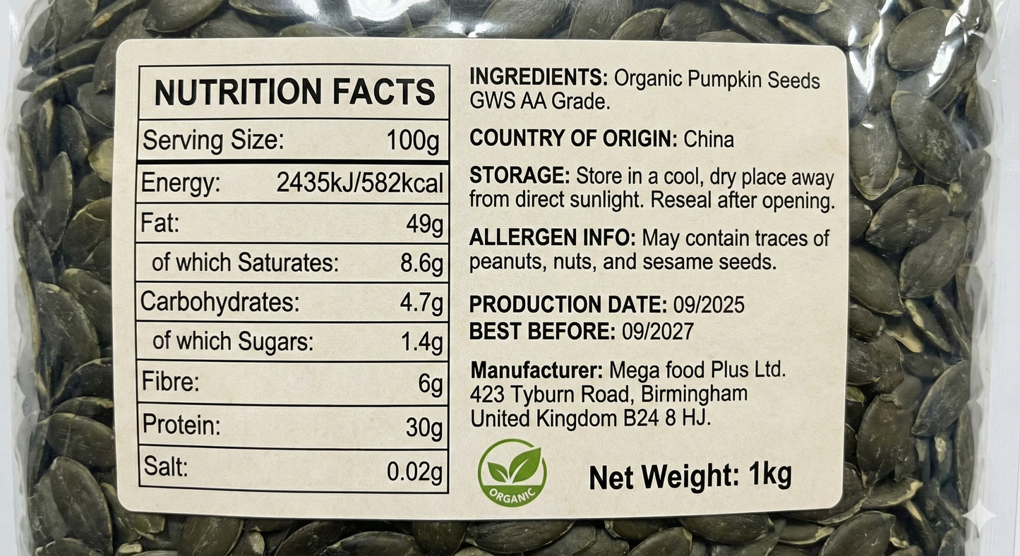 Premium Pumpkin Seeds GWS Grade AA | Organic | Raw Green Pepitas | High Protein, Keto | Zinc & Magnesium Boost| (250g-5kg)