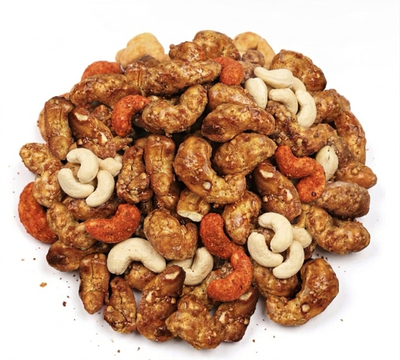 Mix Flavour  Cashew Nuts. Mix of cheese, honey, smoked, peri peri, chilli, black pepper, honey sesame
